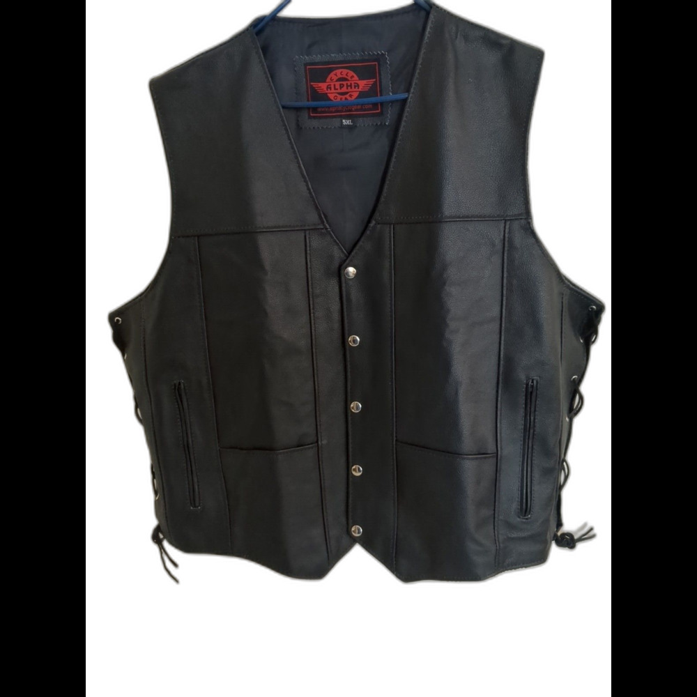 Alpha Cycle Gear Vest Mens 5XL Black Leather Motorcycle Biker Riding Side Lace